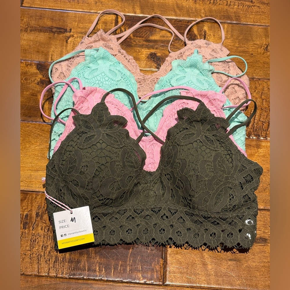 Cherish Set of Four Lace Bralettes in Turquoise, Green, Dusty Rose, and Olive